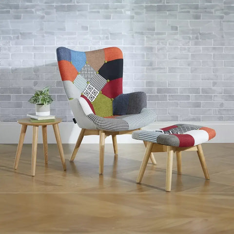 Edward Patchwork Multicolour Accent Living Room Chair with Stool - Lifestyle Image