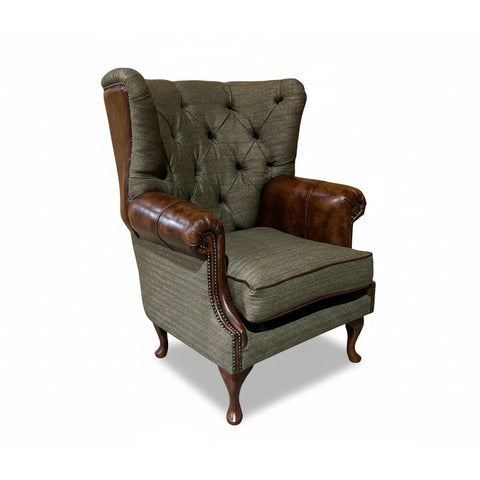 Sage Herringbone Tweed with Antique Tan Leather High Round Back Wing Chair