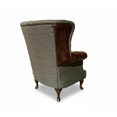 Sage Herringbone Tweed with Antique Tan Leather High Round Back Wing Chair