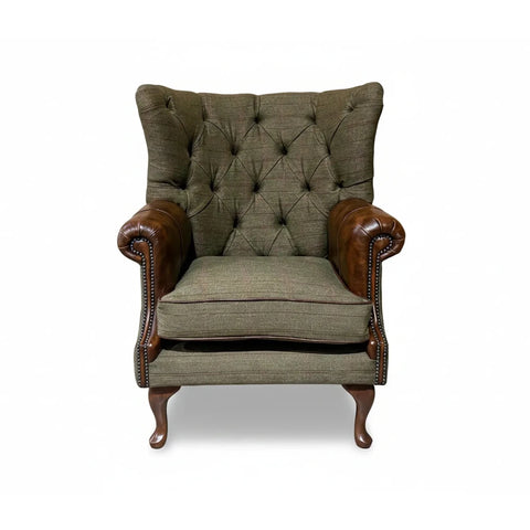 Sage Herringbone Tweed with Antique Tan Leather High Round Back Wing Chair