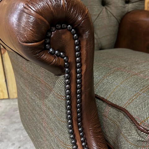 Sage Herringbone Tweed with Antique Tan Leather High Round Back Wing Chair