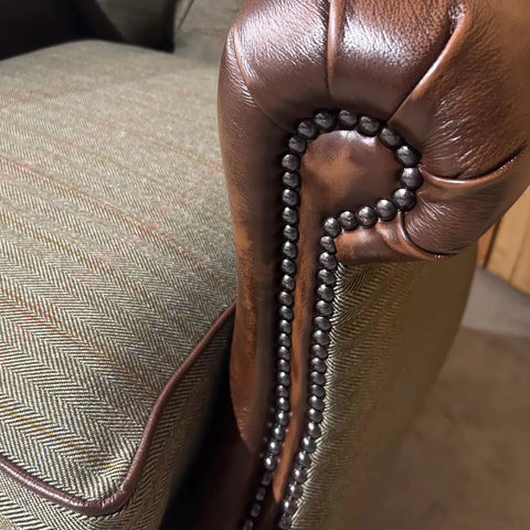 Sage Herringbone Tweed with Antique Tan Leather High Round Back Wing Chair