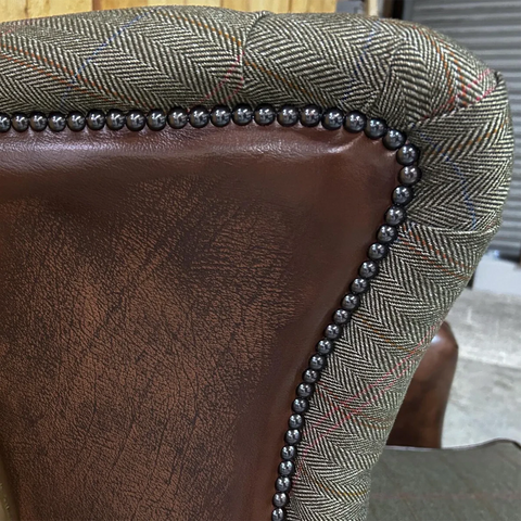 Sage Herringbone Tweed with Antique Tan Leather High Round Back Wing Chair