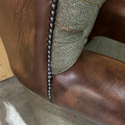 Sage Herringbone Tweed with Antique Tan Leather High Round Back Wing Chair
