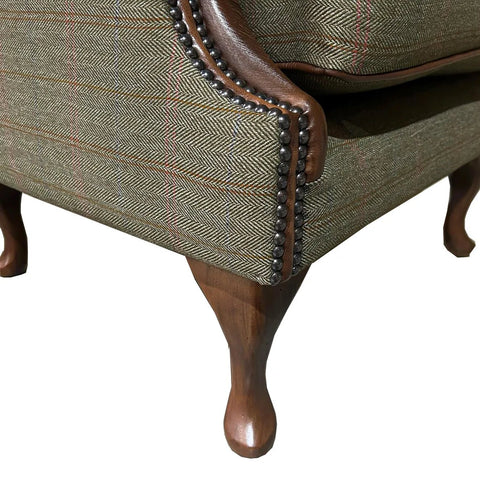 Sage Herringbone Tweed with Antique Tan Leather High Round Back Wing Chair
