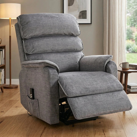 Salford dual motor lift & tilt recliner in grey soft fabric with independent reclining, lumbar support and superior everyday comfort.