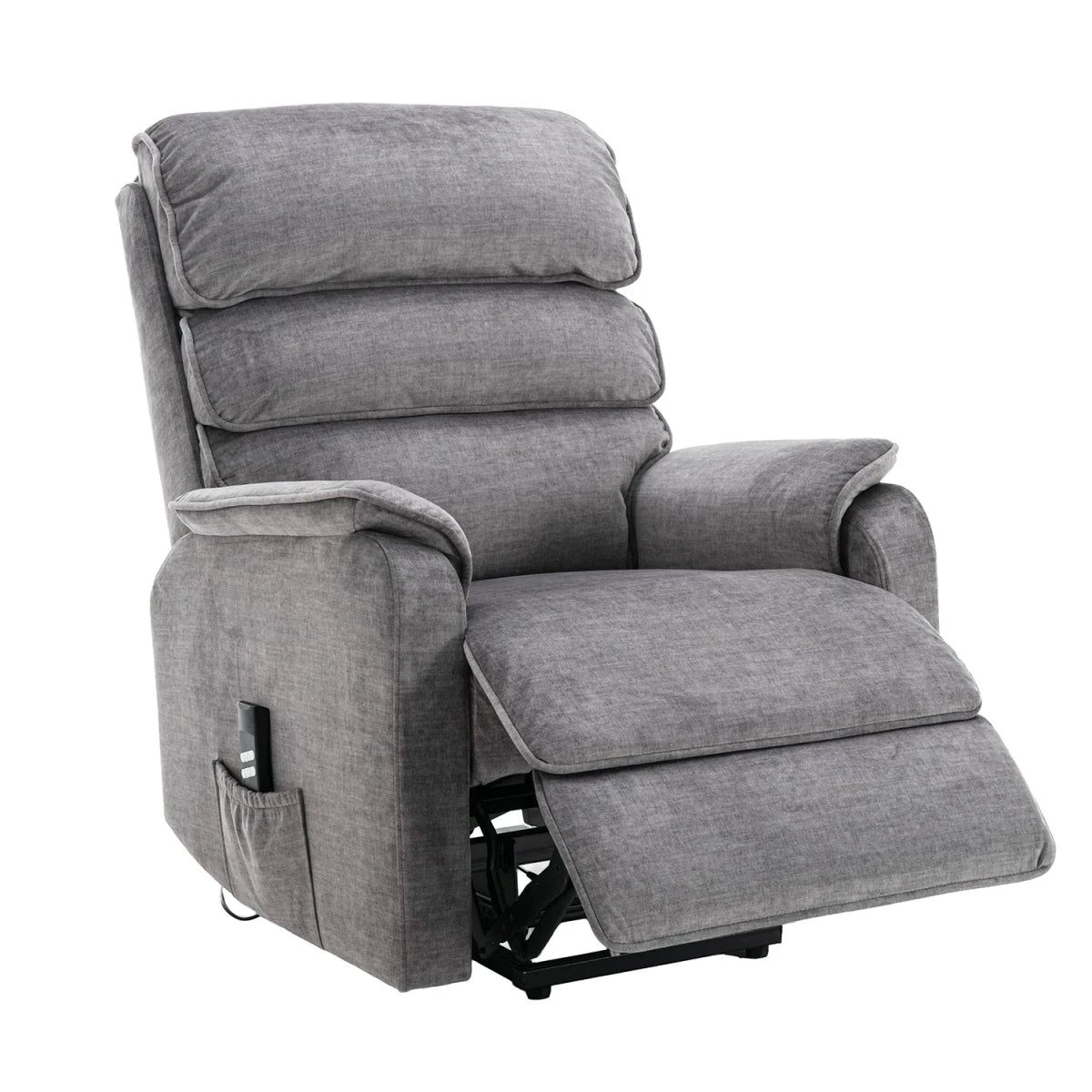 Salford Grey Lift & Tilt Recliner (Dual Motor) shown in a partially extended position on a plain white background, with a side pocket holding a remote control.