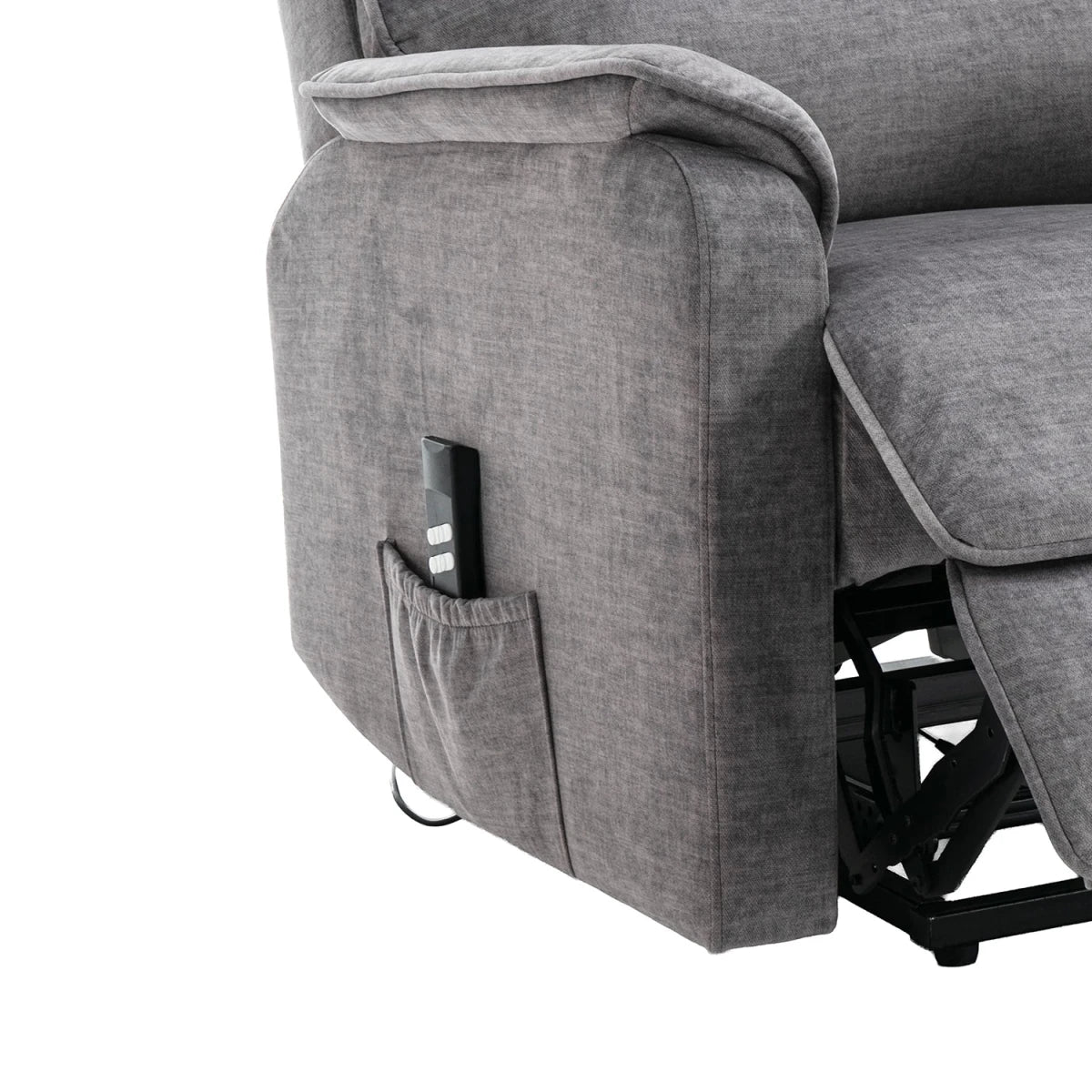 Close-up of a Salford Grey Lift & Tilt Recliner (Dual Motor) showing the side pocket holding a black remote control, with part of the reclining footrest and black support frame visible against a white background.