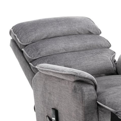 Close-up of a Salford Grey Lift & Tilt Recliner (Dual Motor) showing the padded backrest, armrest, and fabric texture against a white background.