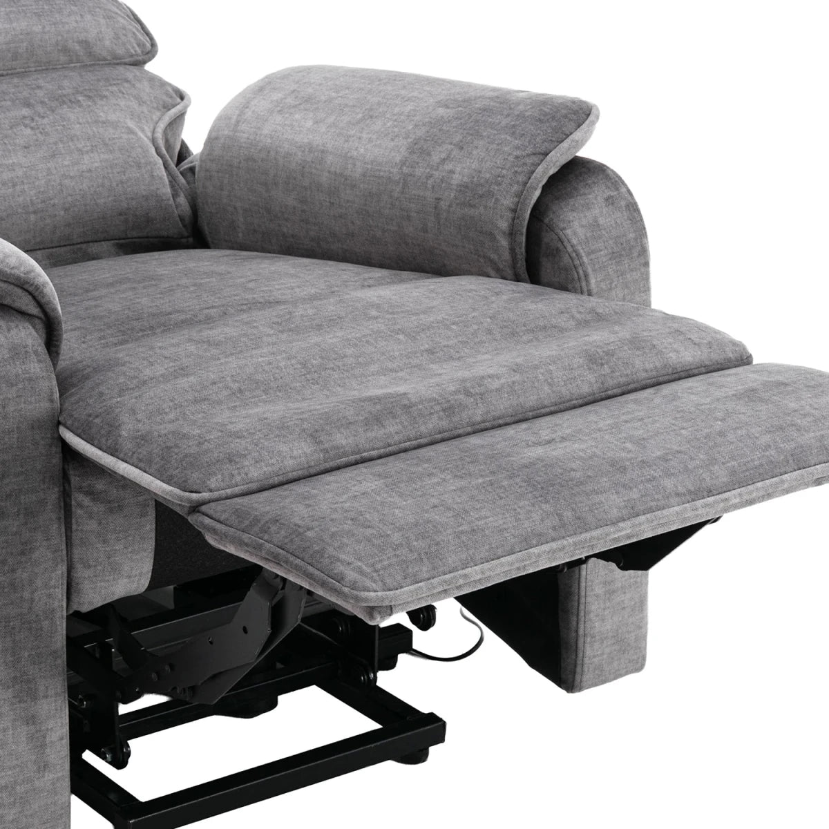 A close-up of a Salford Grey Lift & Tilt Recliner (Dual Motor) with the footrest extended, showing the fabric texture and black support mechanism underneath, isolated on a white background.