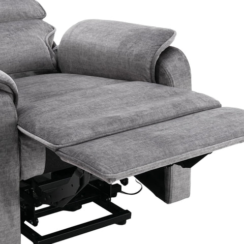 A close-up of a Salford Grey Lift & Tilt Recliner (Dual Motor) with the footrest extended, showing the fabric texture and black support mechanism underneath, isolated on a white background.