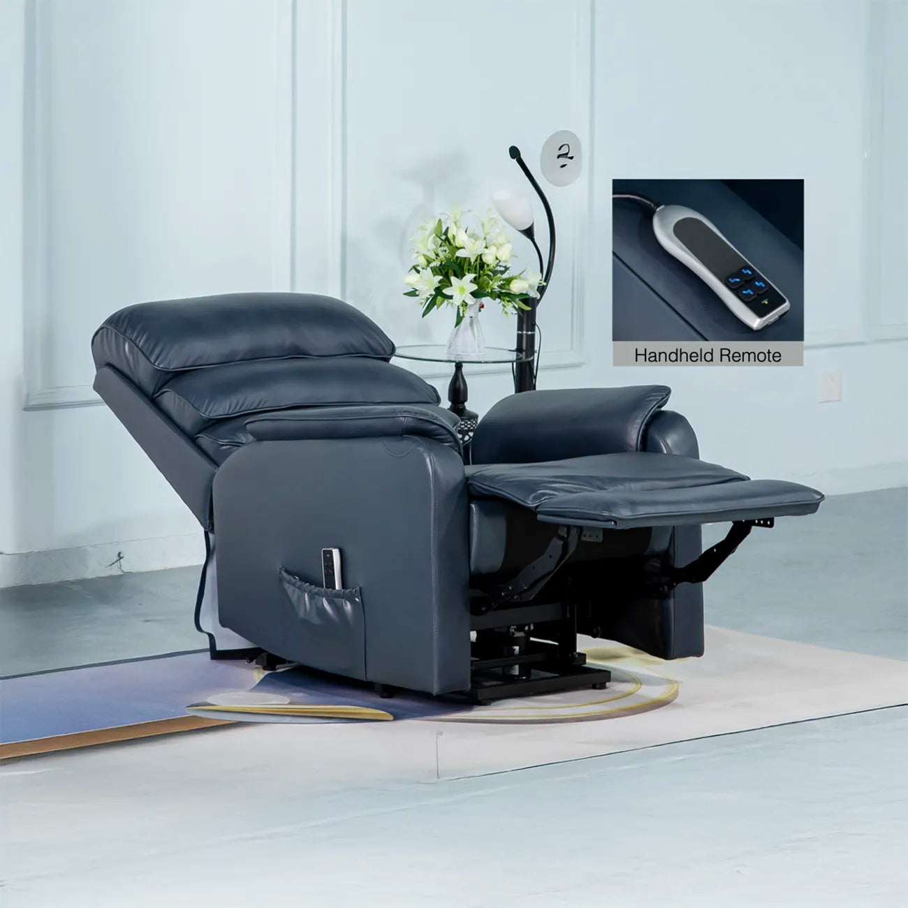 Salford Navy Leather Lift & Tilt Recliner (Dual Motor) - Pendle Village Furniture