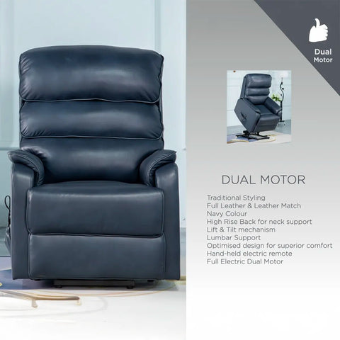 Salford Navy Leather Lift & Tilt Recliner (Dual Motor) - Pendle Village Furniture