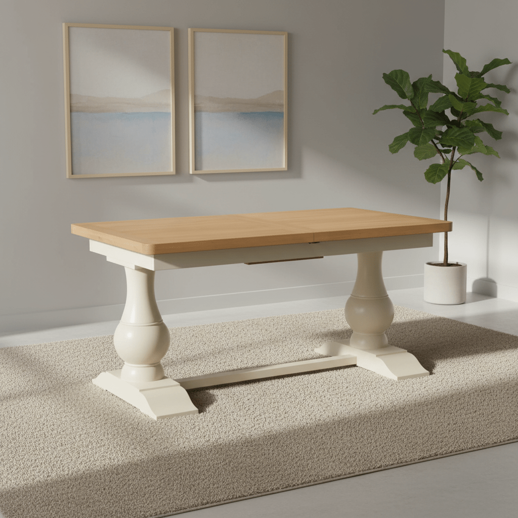 Salford oak and white double pedestal extending dining table with French Country styling. Extends from 160cm to 200cm and seats up to 8 people.