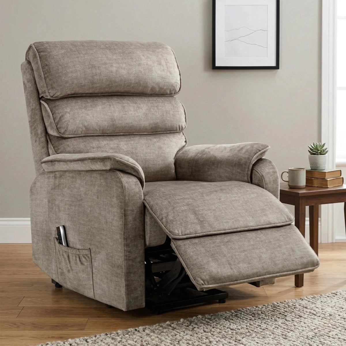 Salford Rise and Recline chair Upholstered in Mink Soft Plush Fabric , has padded High Back and Padded Arm Rests