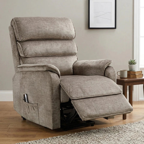 Salford Rise and Recline chair Upholstered in Mink Soft Plush Fabric , has padded High Back and Padded Arm Rests