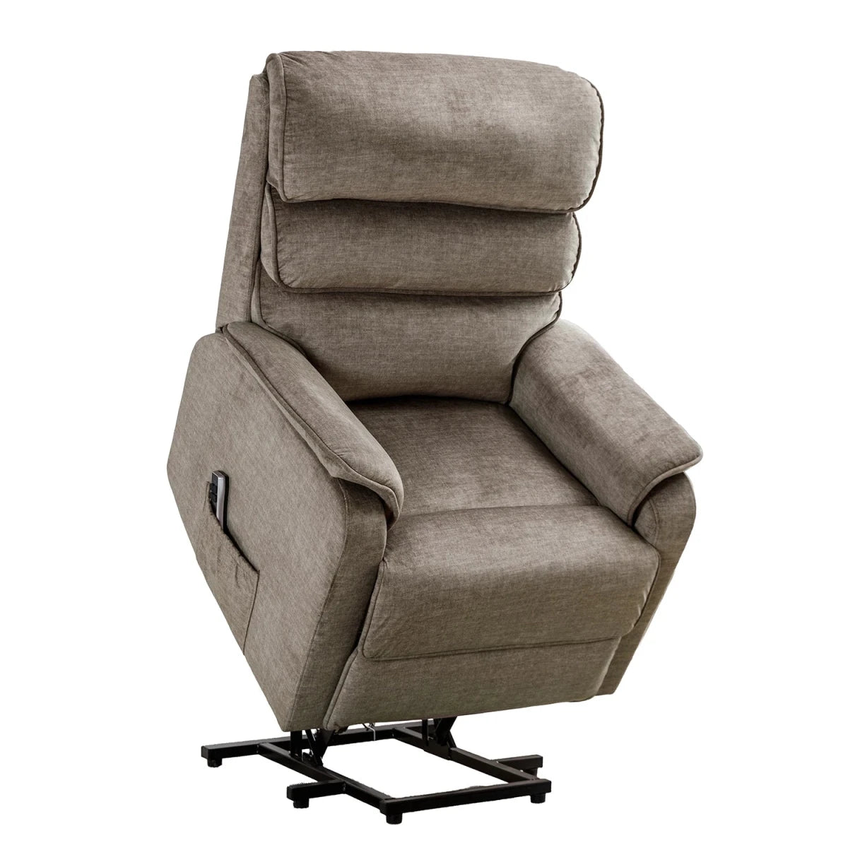 A high-back upholstered recliner chair in textured taupe fabric with a black metal Riser base, shown on a plain white background.