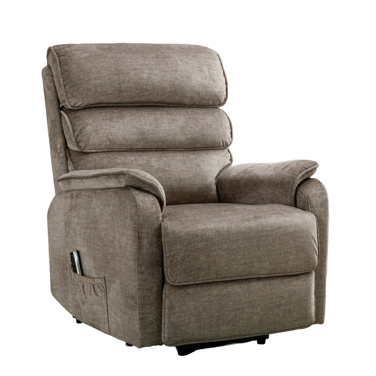 Salford Rise and Recline chair Upholstered in Mink Soft Plush Fabric , has padded High Back and Padded Arm Rests