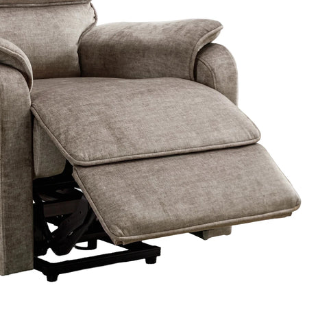 Salford Rise and Recline chair Upholstered in Mink Soft Plush Fabric , has padded High Back and Padded Arm Rests with a lowered footrest on a white background
