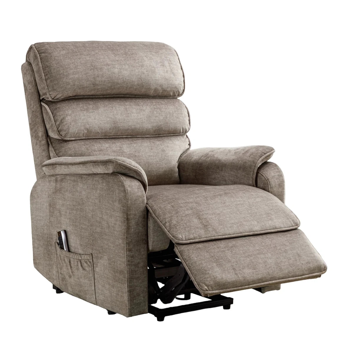 Salford Rise and Recline chair Upholstered in Mink Soft Plush Fabric , has padded High Back shown with foot recliner 