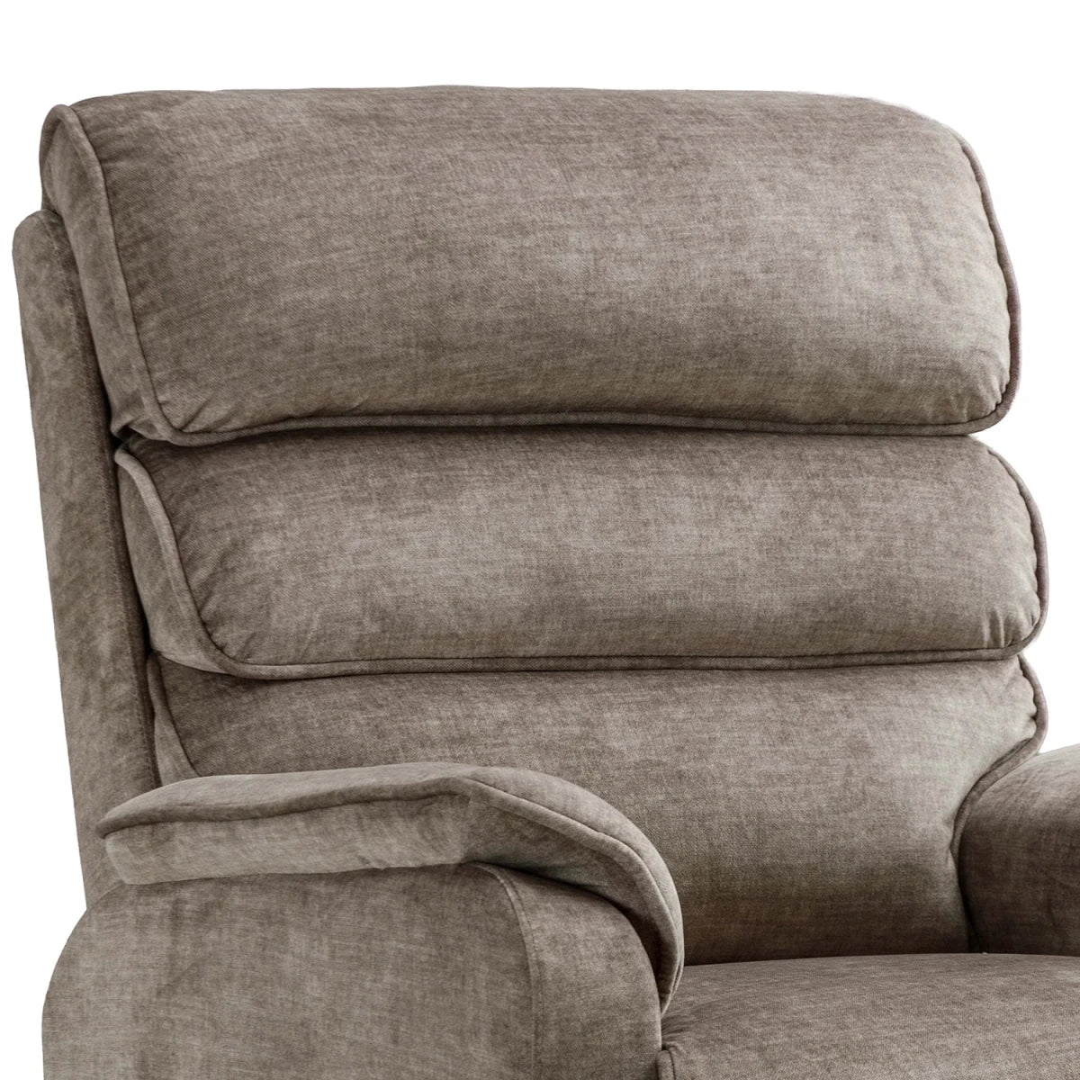 High Back Close up of Salford Rise and Recline chair Upholstered in Mink Soft Plush Fabric , has padded High Back and Padded Arm Rests