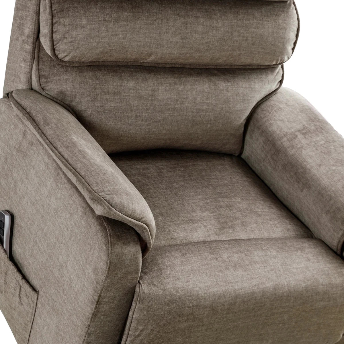 Close up of Salford Rise and Recline chair Upholstered in Mink Soft Plush Fabric , has padded High Back and Padded Arm Rests, showing Back and Seat cushions