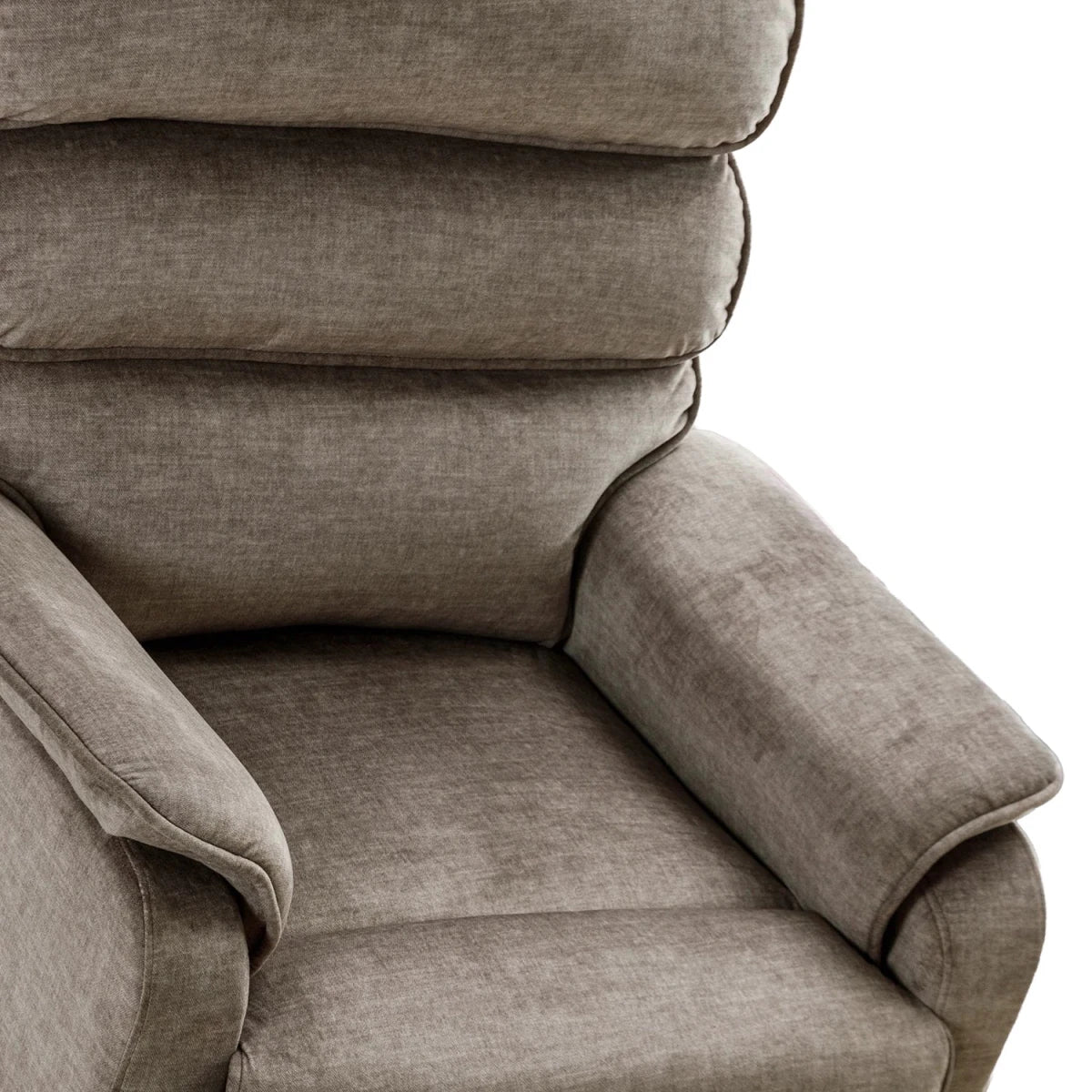 Close-up of a plush upholstered armchair in a textured taupe-gray fabric, showing the backrest, armrests, and seat cushion against a plain white background.
