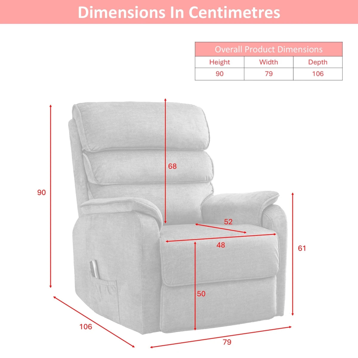 A dimension diagram of a Salford Grey Lift & Tilt Recliner (Dual Motor) with red measurement lines and labels showing height, width, and depth in centimeters, plus a small overall product dimensions table at the top right.