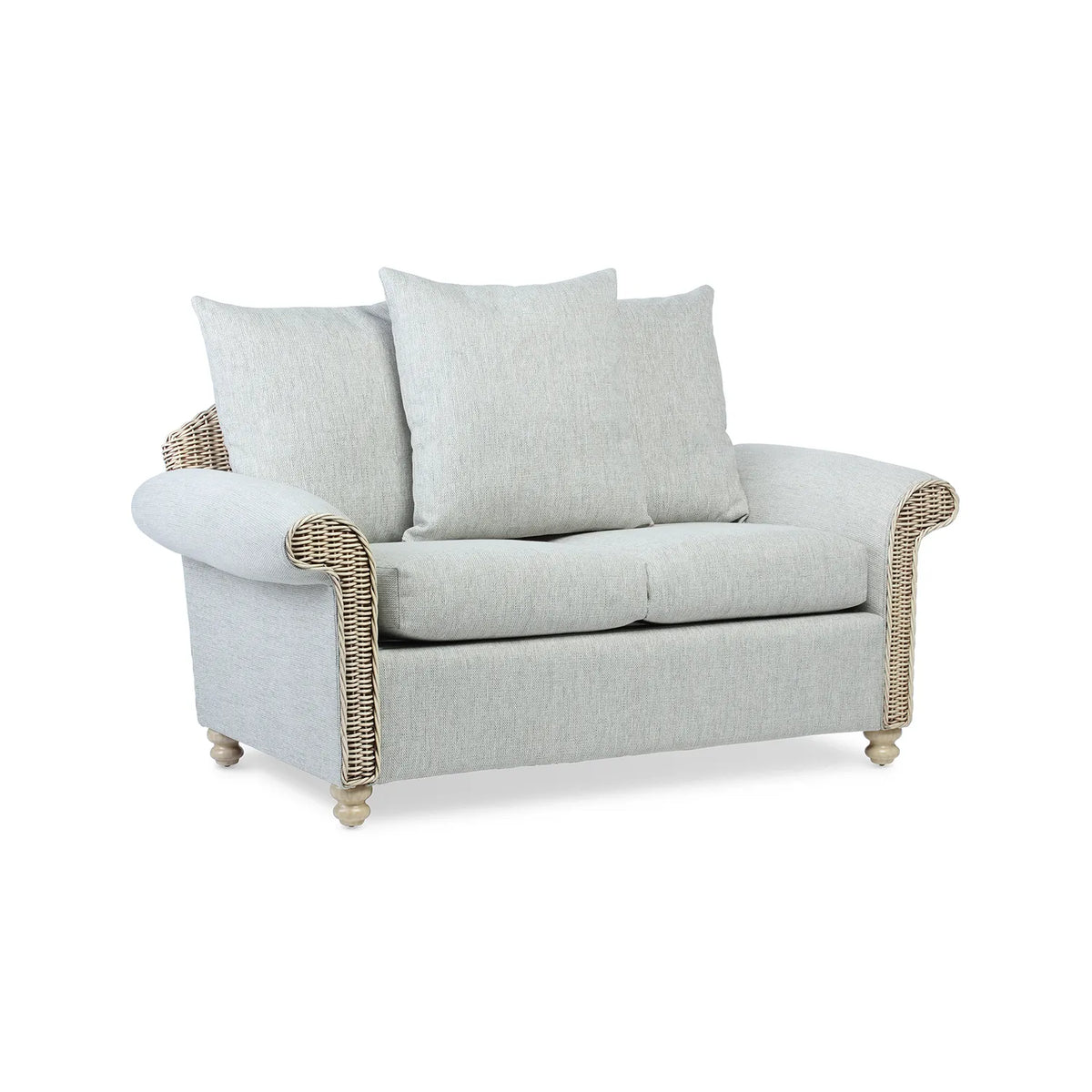 Desser Samford Rattan 2 Seater Sofa with Scatter Cushions in Pebble Fabric, available in a 3 Seater, 2 Seater, Swivel Rocker, Swivel Chair, Armchair and Footstool.  Choose from various fabrics 