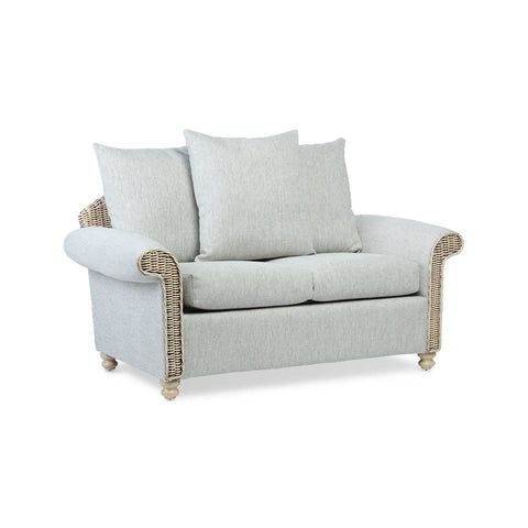 Desser Samford Rattan 2 Seater Sofa with Scatter Cushions in Pebble Fabric, available in a 3 Seater, 2 Seater, Swivel Rocker, Swivel Chair, Armchair and Footstool.  Choose from various fabrics 