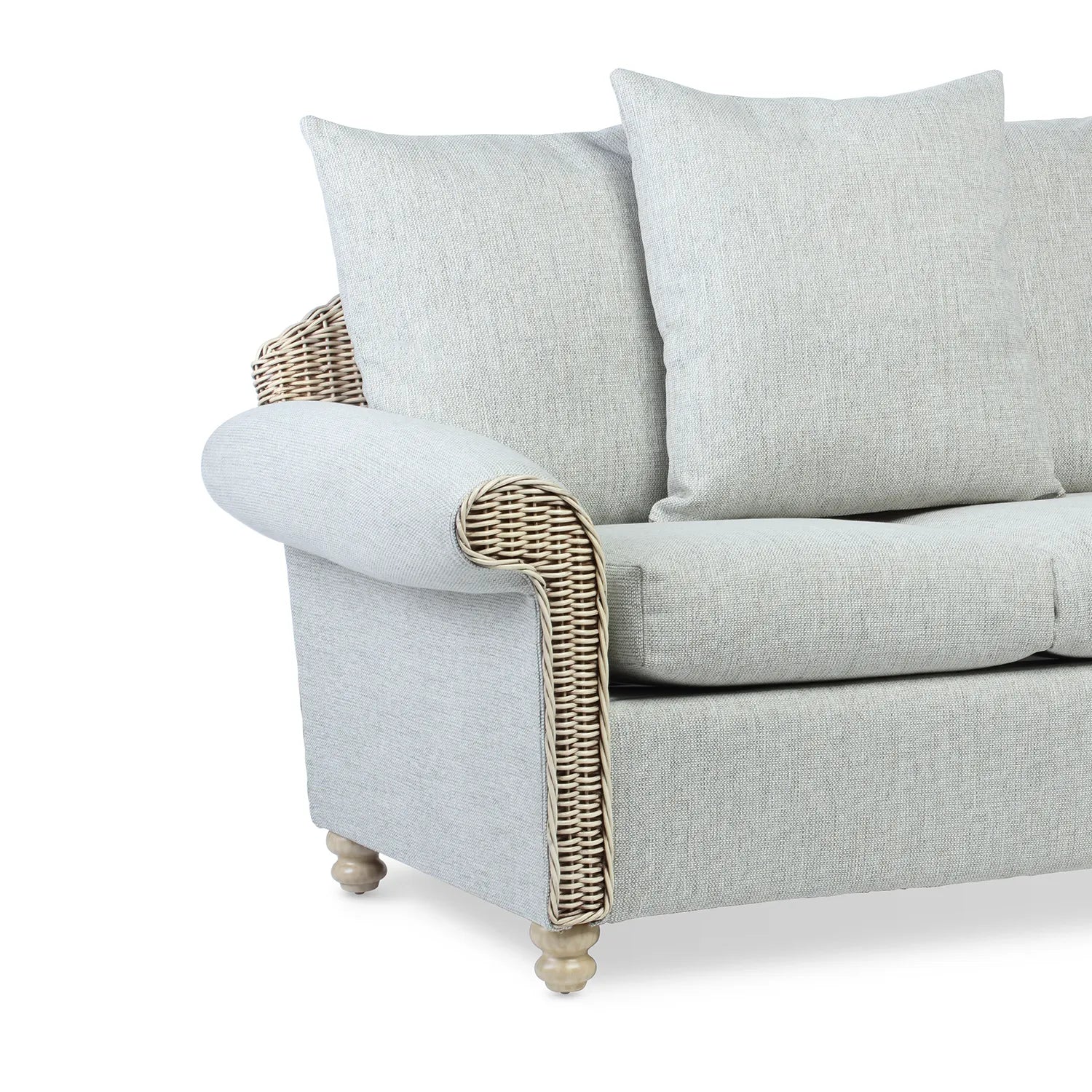 Desser Samford Rattan 2 Seater Sofa with Scatter Cushions in Pebble Fabric, available in a 3 Seater, 2 Seater, Swivel Rocker, Swivel Chair, Armchair and Footstool.  Choose from various fabrics - Close Up of Armrest