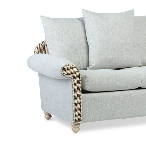 Desser Samford Rattan 2 Seater Sofa with Scatter Cushions in Pebble Fabric, available in a 3 Seater, 2 Seater, Swivel Rocker, Swivel Chair, Armchair and Footstool.  Choose from various fabrics - Close Up of Armrest