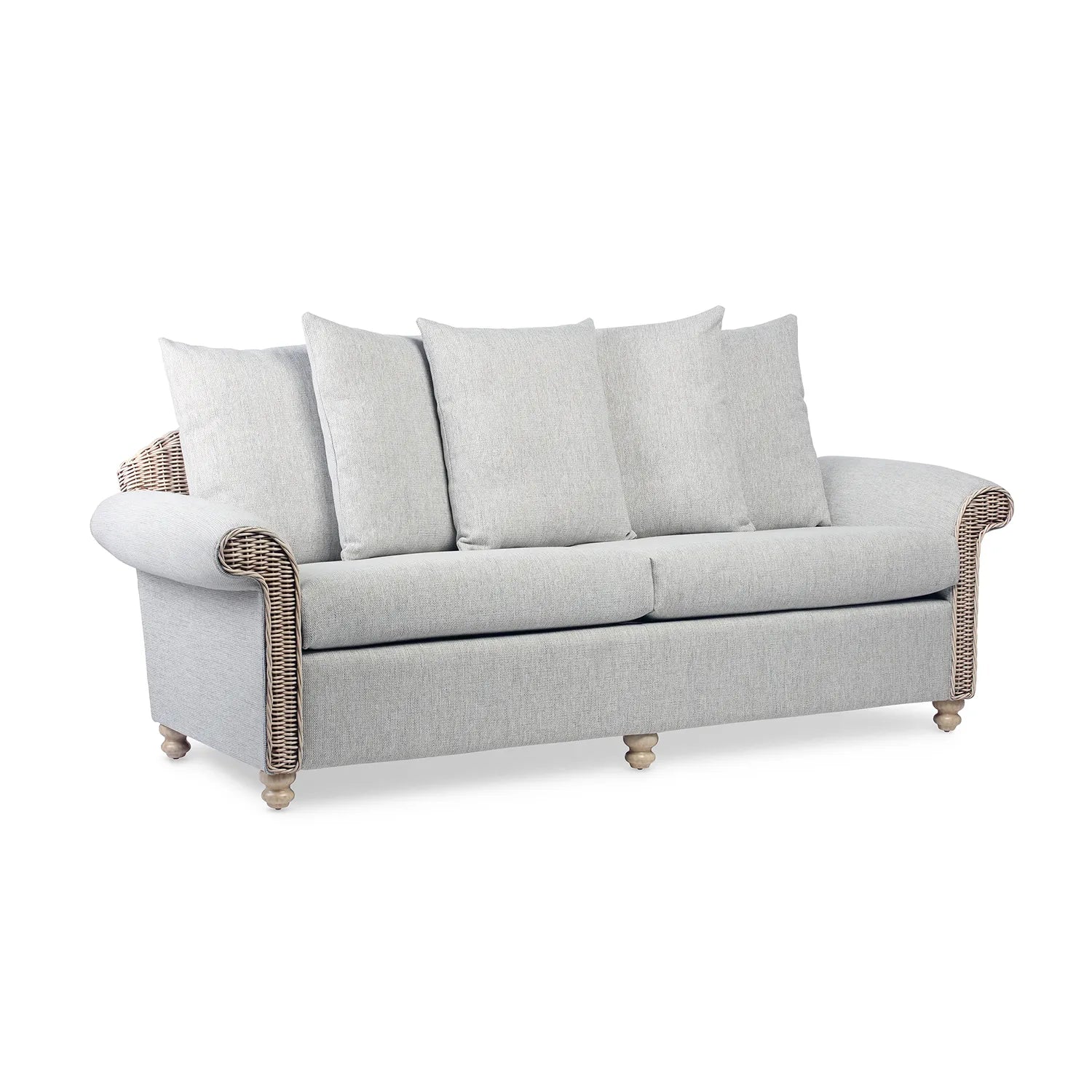 Desser Samford Rattan 3 Seater Sofa with Scatter Cushions in Pebble Fabric. Also available in 2 Seater, Swivel Chair, Swivel Rocker, Armchair and Footstool. Style with matching Coffee Table and Lamp Table. Choose from a variety of fabrics 