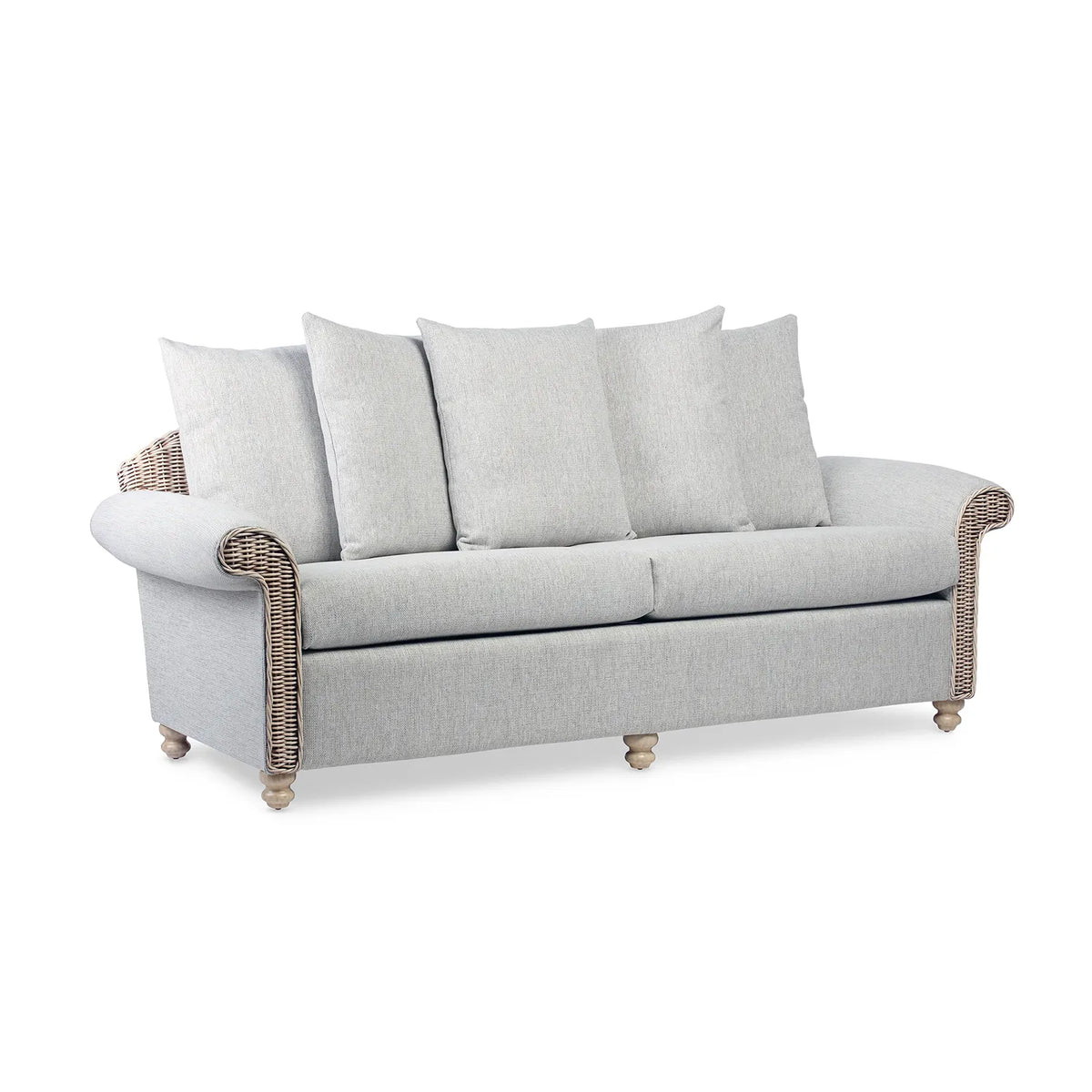 Desser Samford Rattan 3 Seater Sofa with Scatter Cushions in Pebble Fabric. Also available in 2 Seater, Swivel Chair, Swivel Rocker, Armchair and Footstool. Style with matching Coffee Table and Lamp Table. Choose from a variety of fabrics 