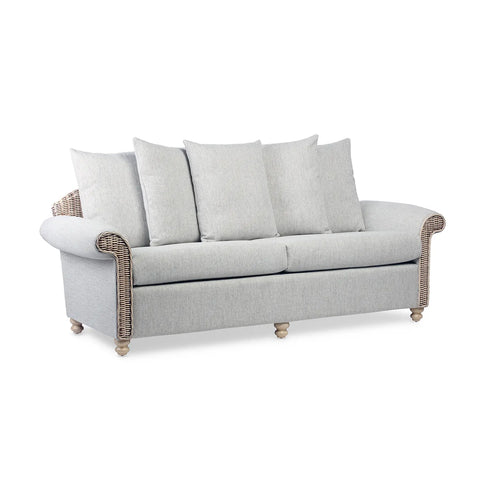 Desser Samford Rattan 3 Seater Sofa with Scatter Cushions in Pebble Fabric. Also available in 2 Seater, Swivel Chair, Swivel Rocker, Armchair and Footstool. Style with matching Coffee Table and Lamp Table. Choose from a variety of fabrics 