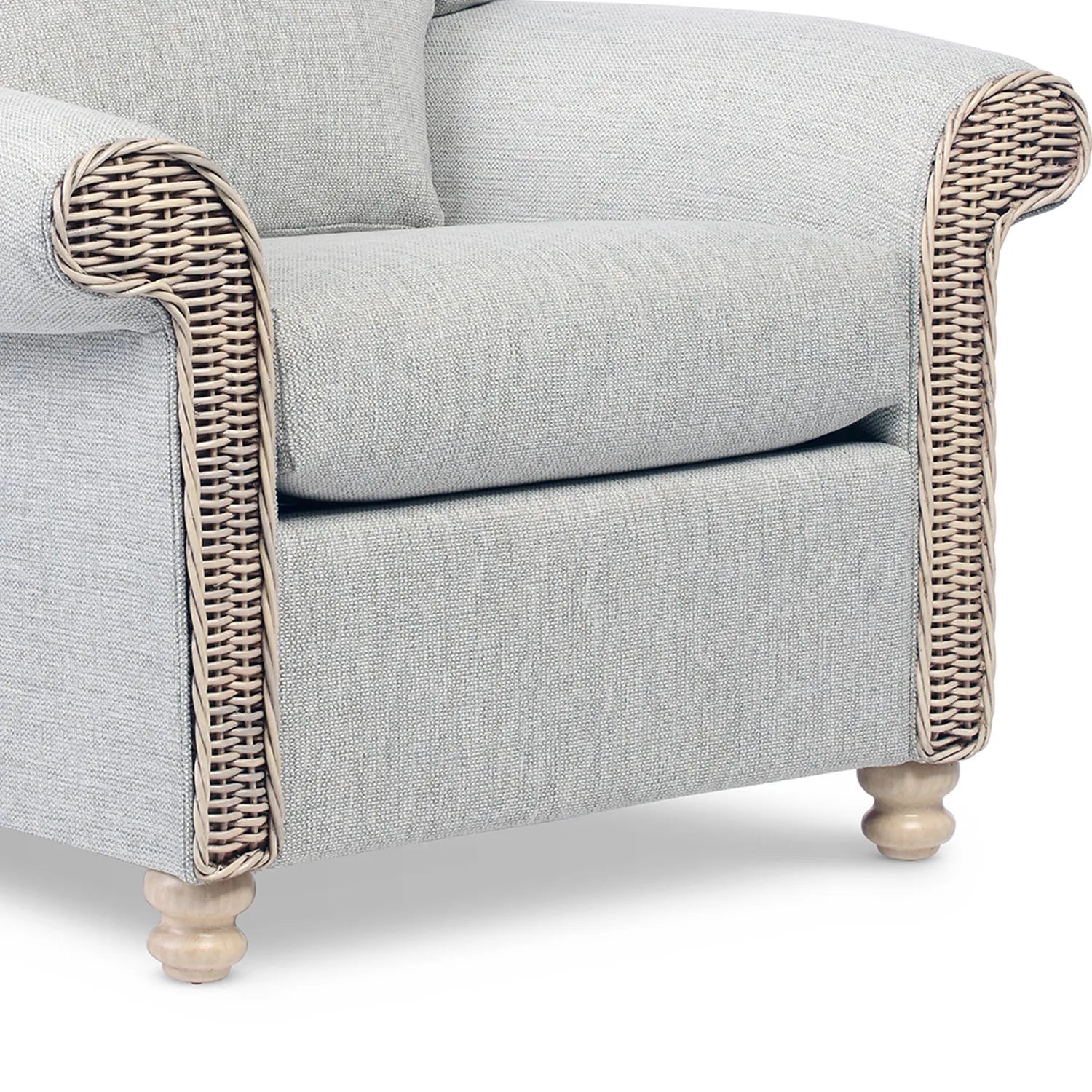 Desser Samford Rattan Armchair in Pebble Fabric. Samford Collection also available in 3 Seater, 2 Seater, Swivel Chair, Footstool and Coffee Table and Lamp Table to give your conservatory modern elegance. Choose from a variety of fabrics - Close Up of Rattan Detail