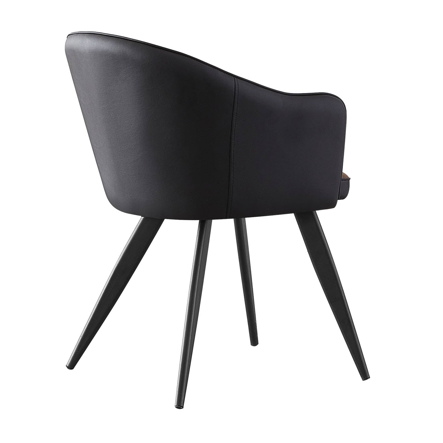 A modern black PU and Brown Fabric upholstered dining chair with a curved backrest and four tapered black legs, shown from a three-quarter angle on a plain white background.