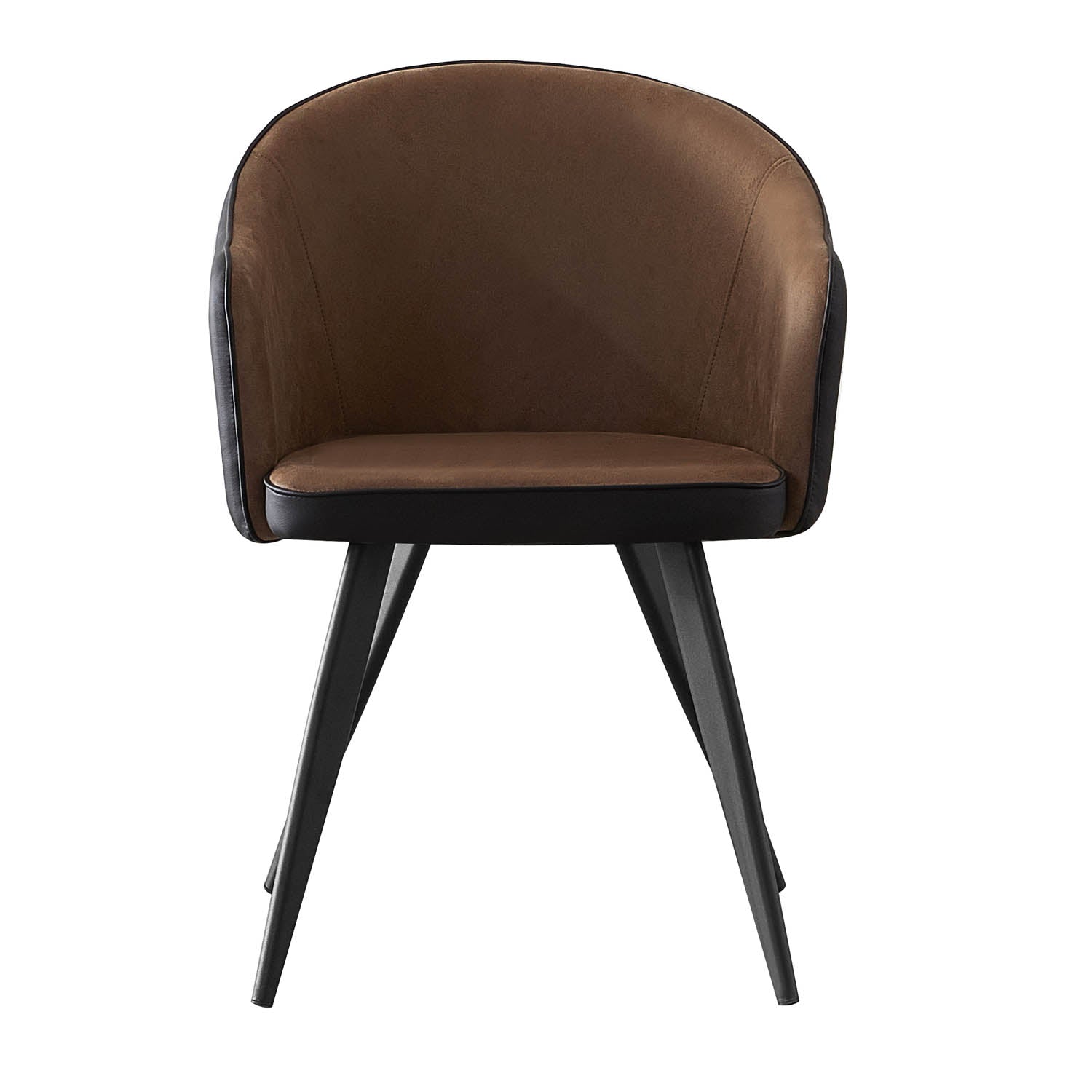 A modern barrel-style dining chair with a brown upholstered seat and curved backrest, supported by four tapered black metal legs, shown against a plain white background.