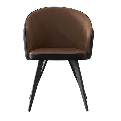 A modern barrel-style dining chair with a brown upholstered seat and curved backrest, supported by four tapered black metal legs, shown against a plain white background.
