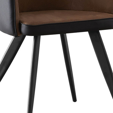 Close-up of a dining chair showing a brown upholstered seat cushion, dark brown side panels, black trim, and black tapered legs against a white background.
