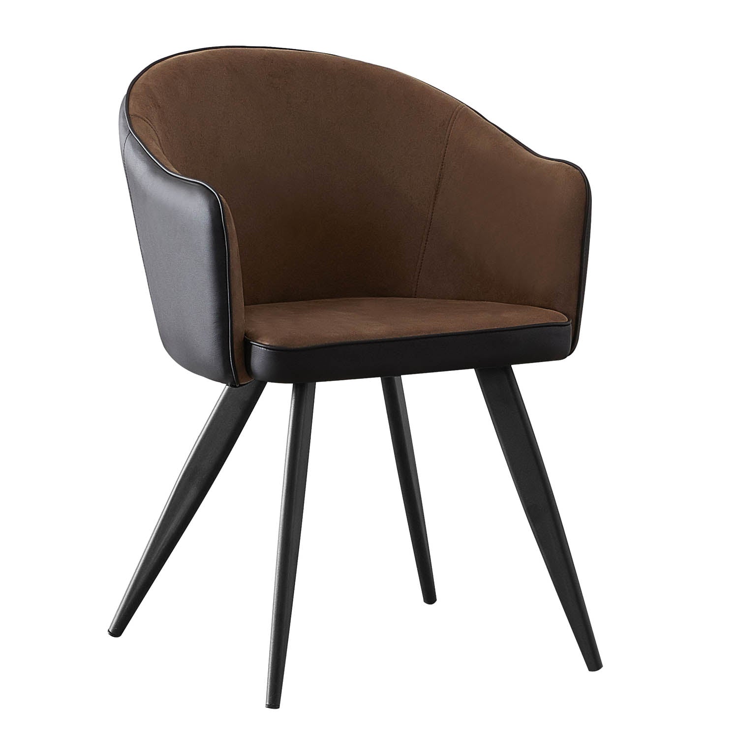 A modern bucket-style dining chair with a brown upholstered seat and backrest, black side panels, and four tapered black legs, shown on a plain white background.