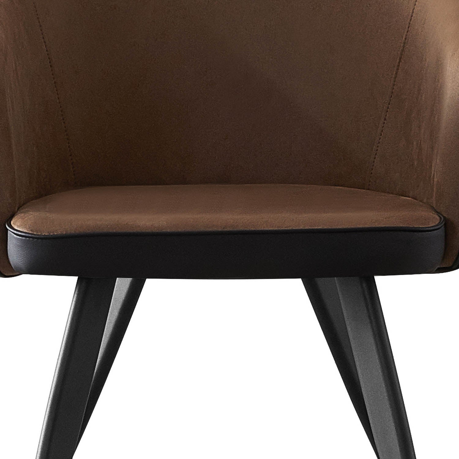 Close-up of a brown upholstered chair seat and back with black metal legs, shown against a white background.