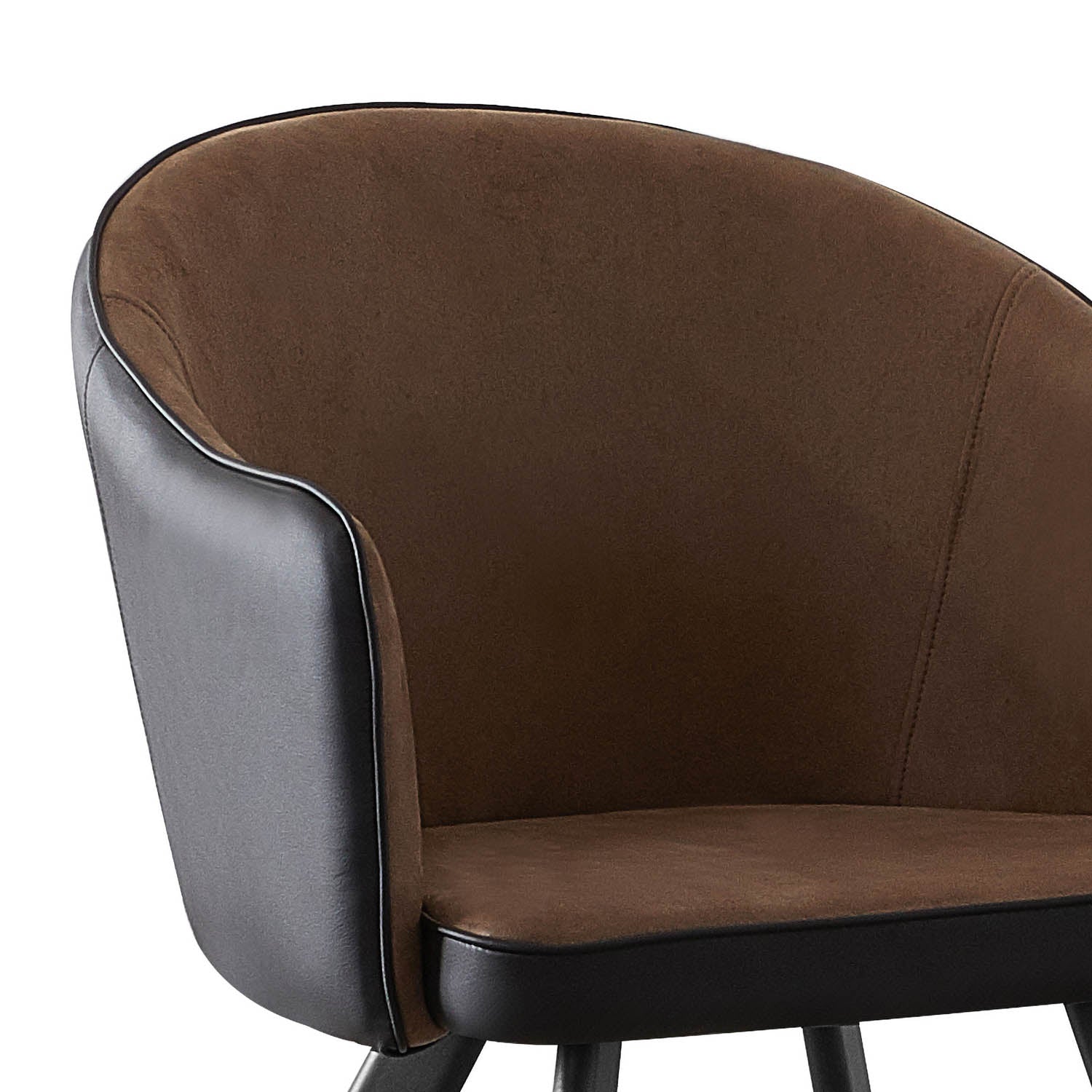 Close-up of a modern accent chair with a brown suede-like upholstered backrest and seat, contrasted with black faux leather side panels and legs, on a white background.