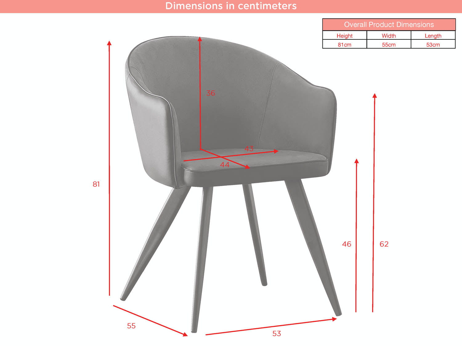 San Remo Brown Fabric  upholstered accent dining chair with red dimension arrows and labels showing overall product dimensions in centimeters on a white background.