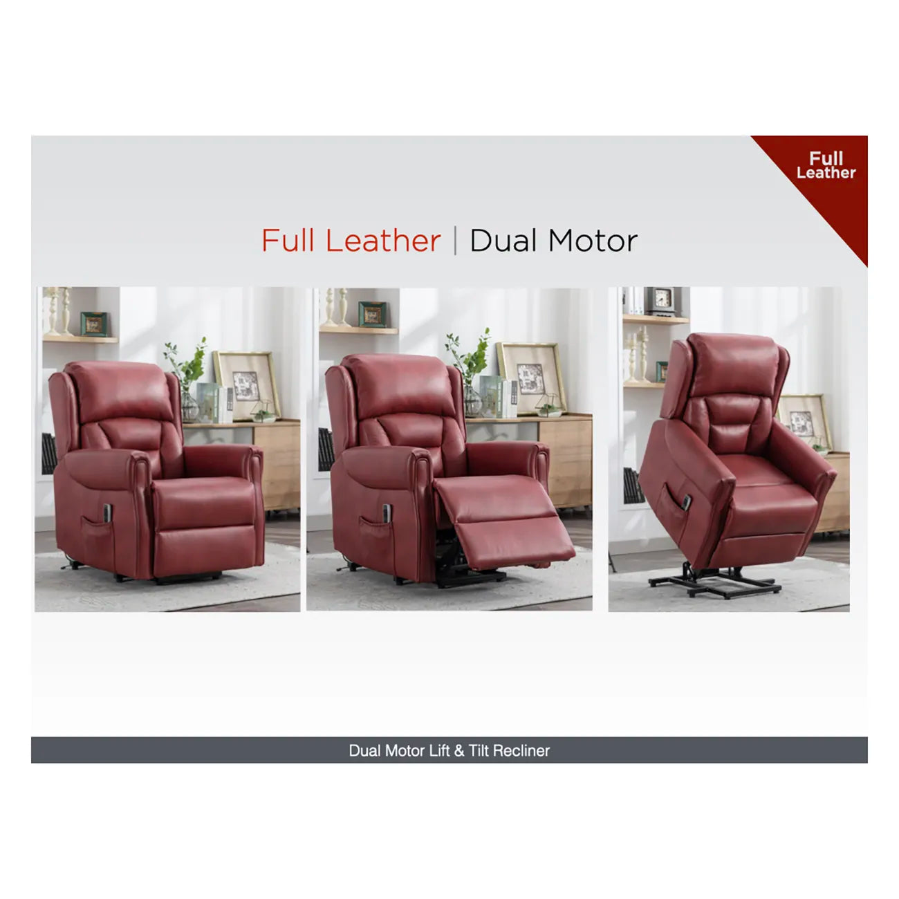 Sandringham Burgundy Leather Lift & Tilt Recliner (Dual Motor) - Pendle Village Furniture