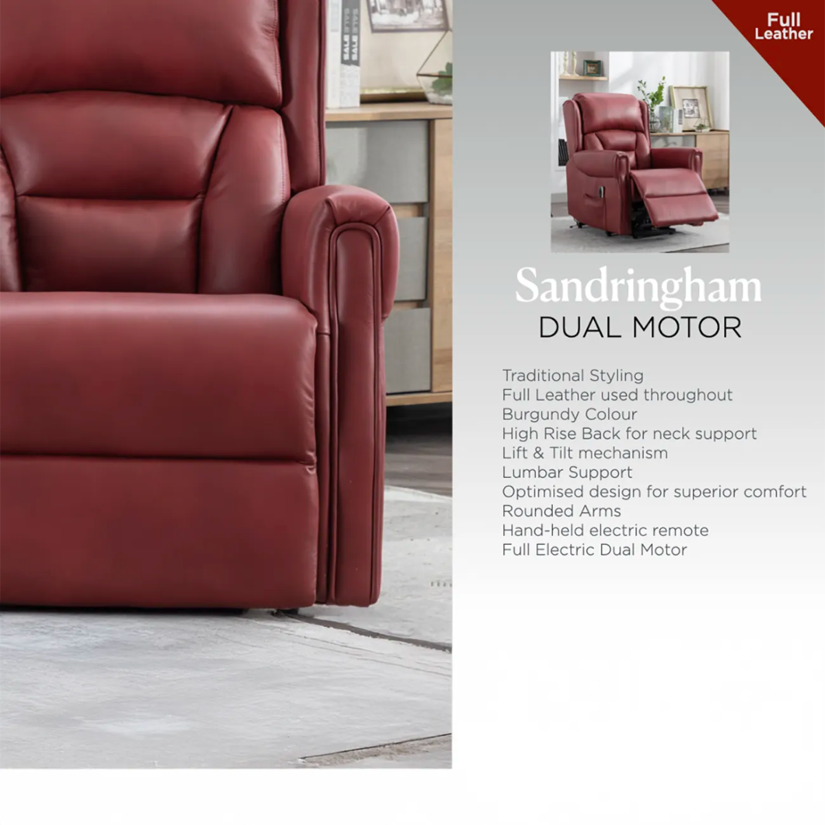 Sandringham Burgundy Leather Lift & Tilt Recliner (Dual Motor) - Pendle Village Furniture