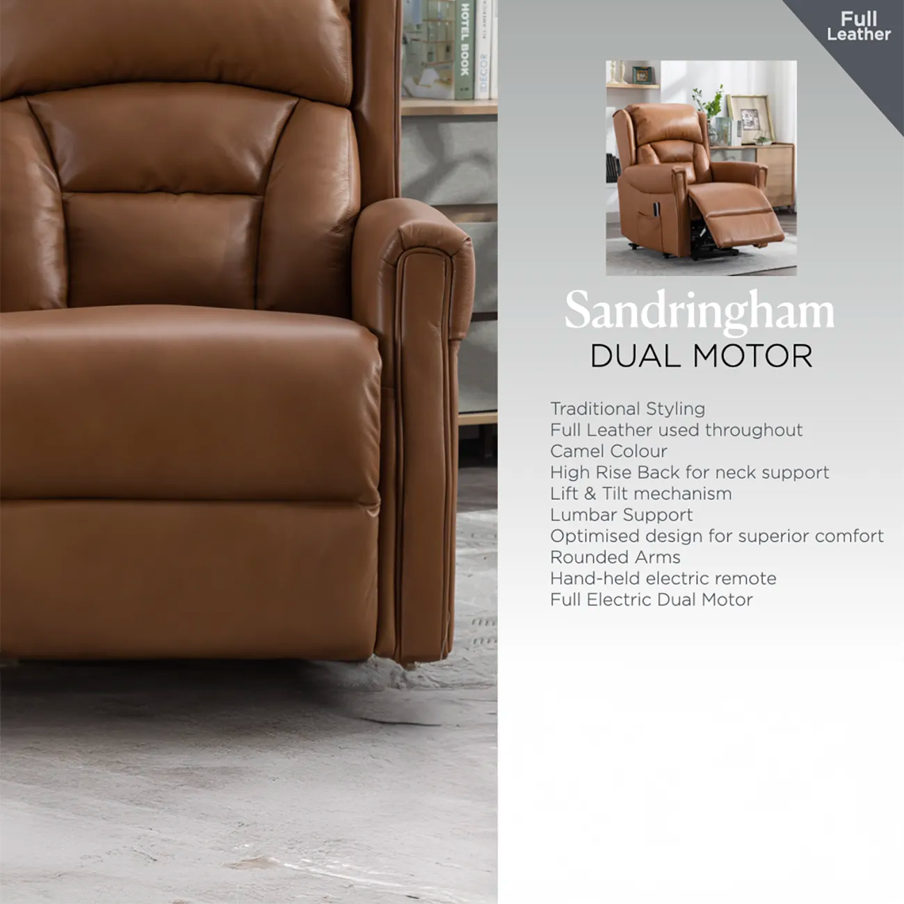 Sandringham Camel Leather Lift & Tilt Recliner (Dual Motor)