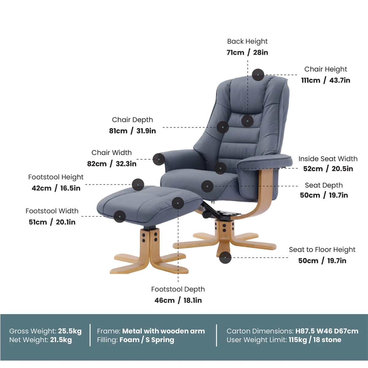 Scandi Faux Leather Swivel Recliner Chair and Footstool - Pendle Village Furniture