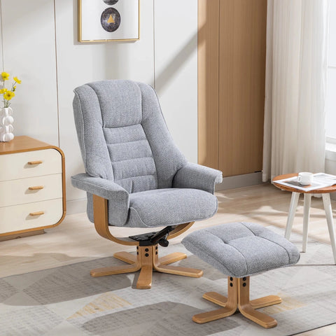 A light gray upholstered recliner chair with a matching ottoman, both with light wood star bases, shown in a bright modern living room setting.
