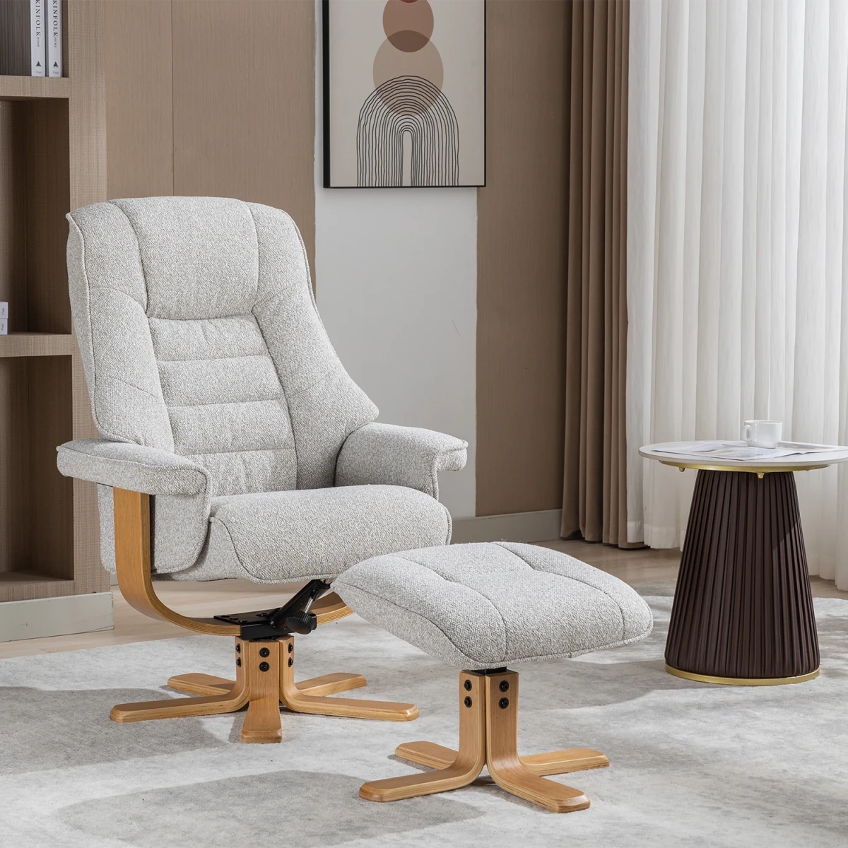 A light beige textured fabric recliner chair with a matching ottoman, both featuring natural wood swivel bases, shown in a modern living room setting.